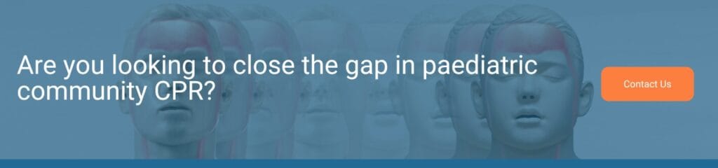 Banner showing multiple faded Brayden adult and junior CPR manikin faces with the text "Are you looking to close the gap in paediatric community CPR?" and a bright orange ‘Contact Us’ button