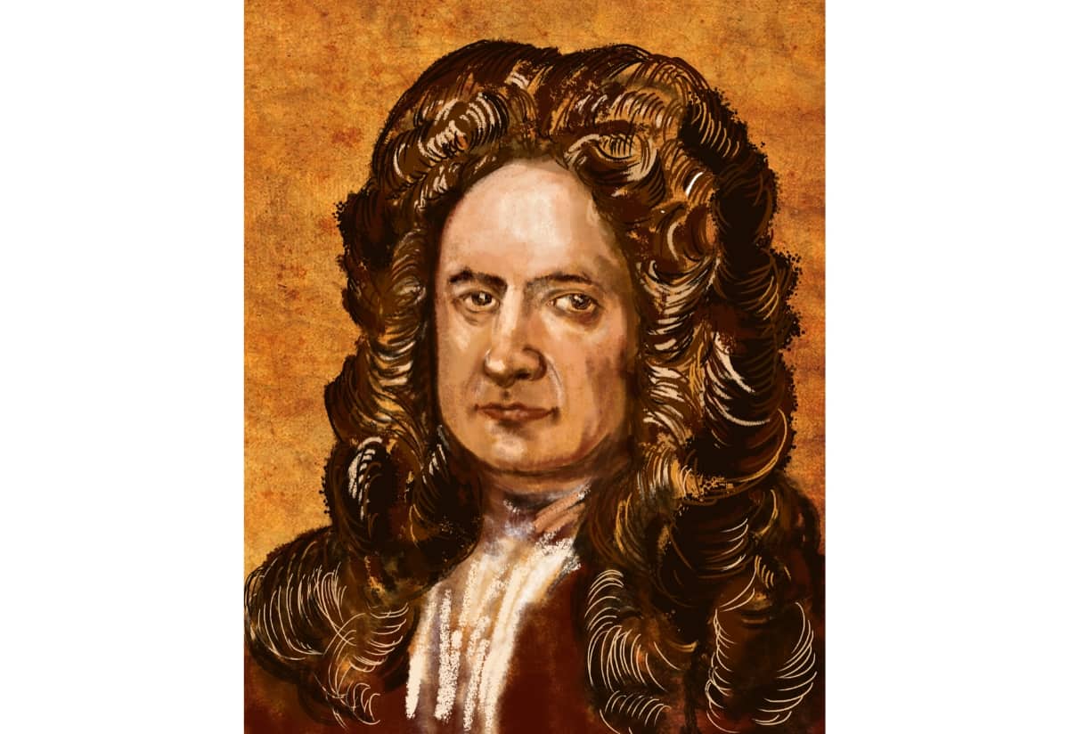 Artistic rendering of Robert Hooke with long curly hair and a serious expression, set against a textured brown background.